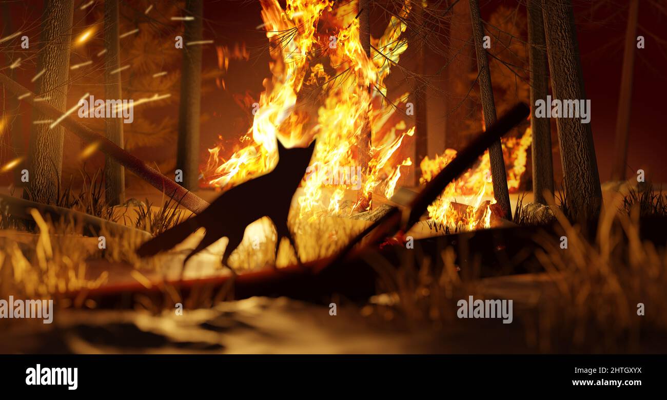 Ein Fuchs wacht auf, während er einem Waldbrand entkommt, der den wilden natürlichen Lebensraum zerstört. Klimawandel und ökologische Themen 3D Illustrationskonzept. Stockfoto