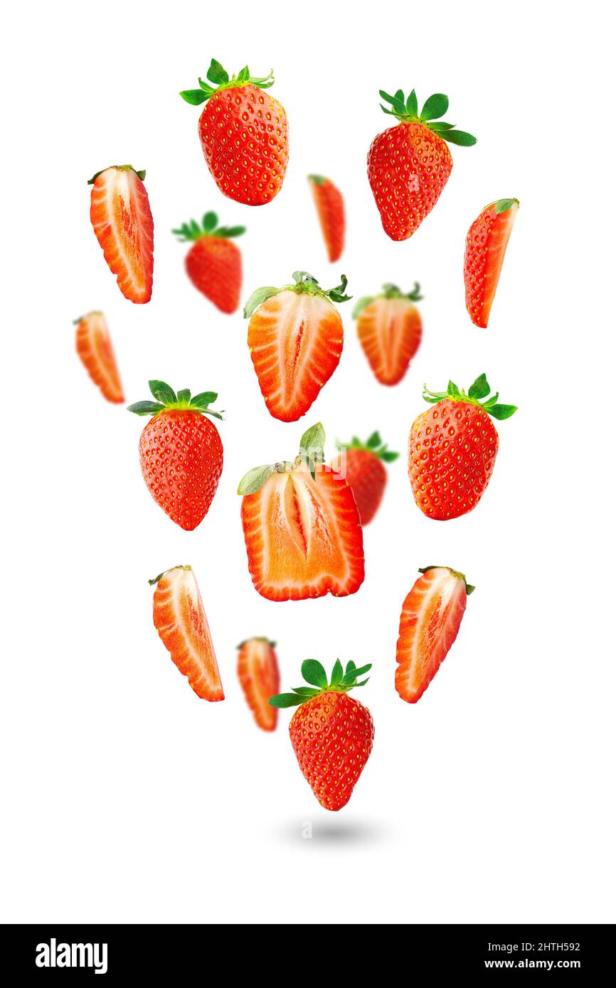 Farbenfroher Hintergrund mit Erdbeeren vor weißem Hintergrund. Draufsicht, flach - Lay Banner Stockfoto