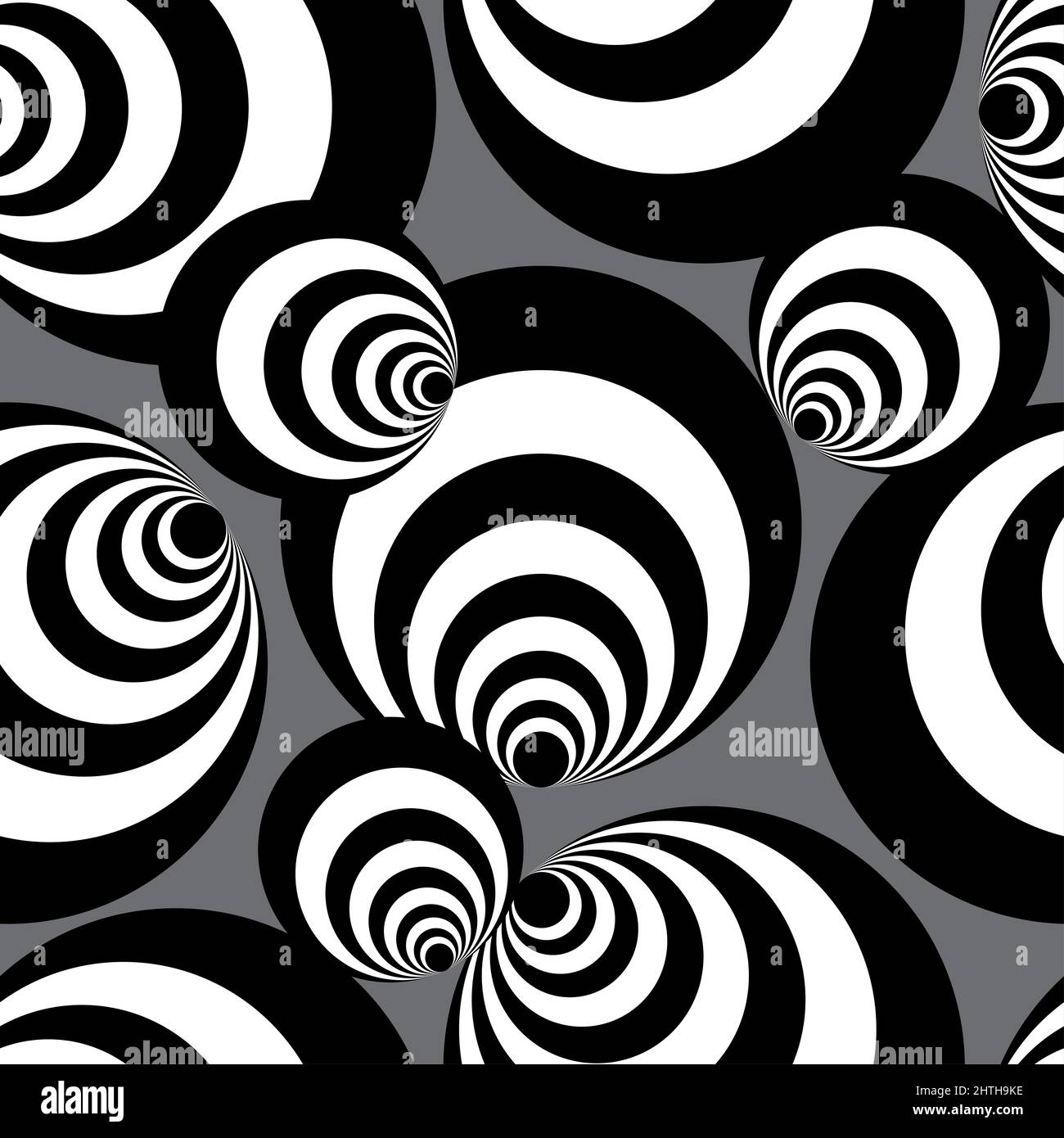 Nahtlose schwarz-weiße Spiralkugeln oder schwarz-weiße Kreis, Illusion nahtloses Muster, dunkelgrauer Hintergrund. Stockfoto