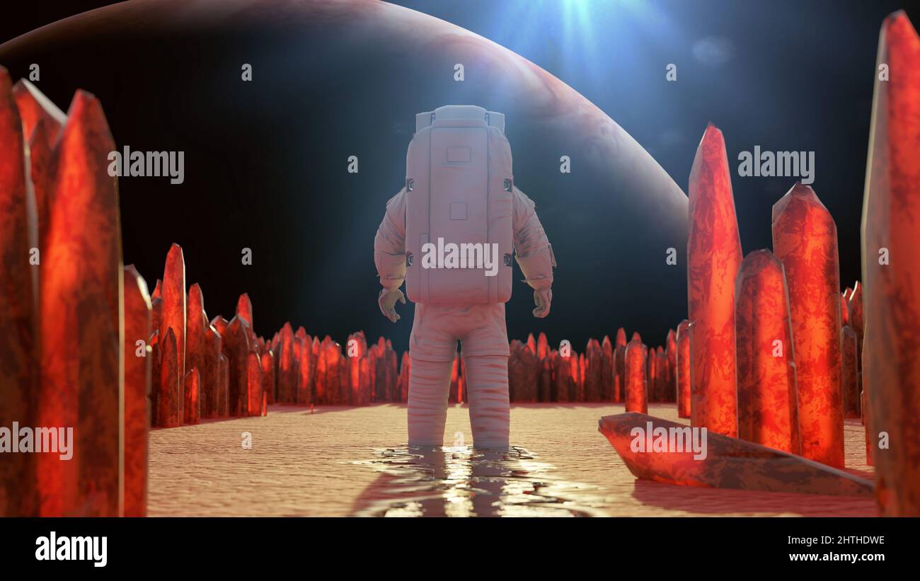 astronaut auf einem fremden Planeten, wunderschöne Exoplanetenlandschaft mit riesigen Kristallen Stockfoto