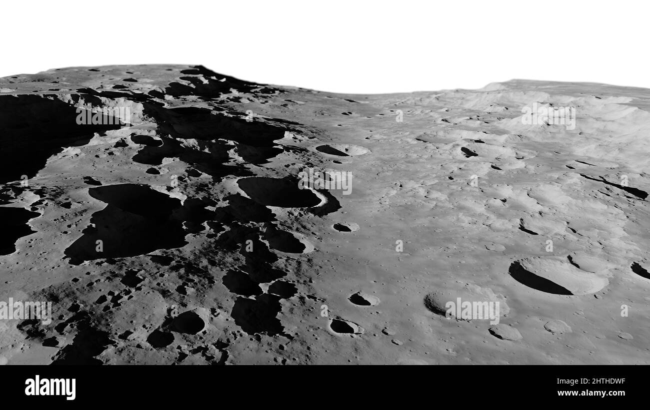 Mondoberfläche, Mondlandschaft mit Einschlagskrater isoliert auf weißem Hintergrund Stockfoto