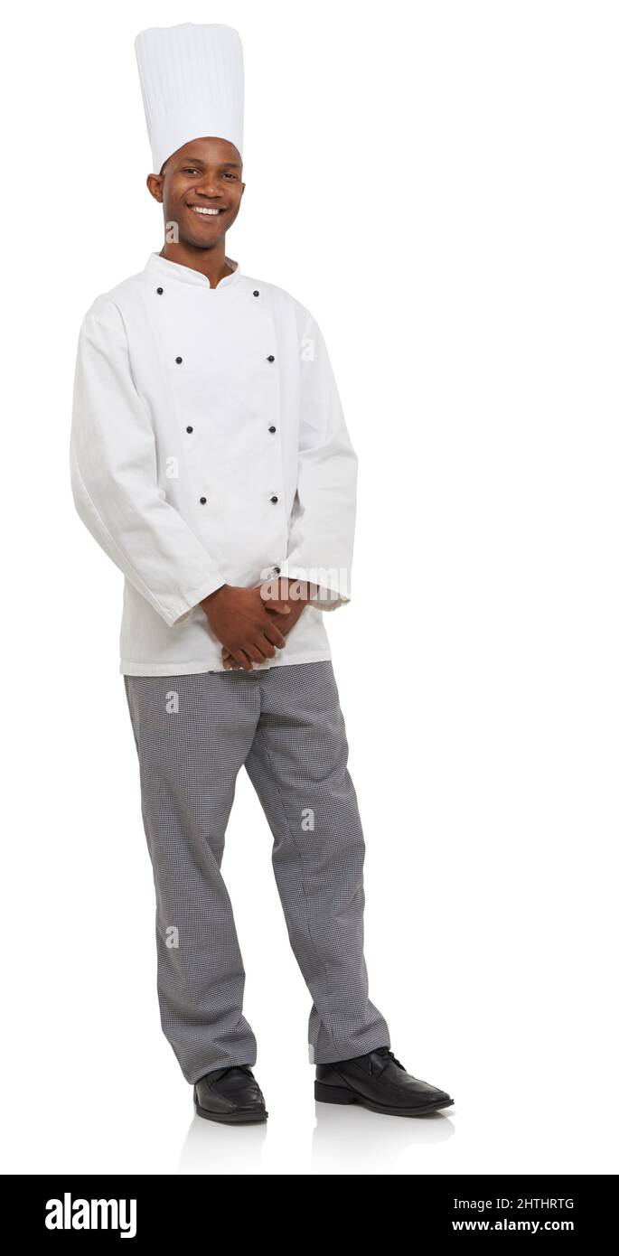 Er lebt zum Kochen. Studioaufnahme eines jungen Küchenchefs, isoliert auf Weiß. Stockfoto