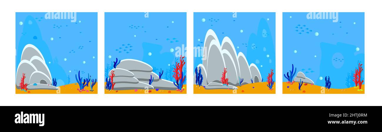 Eine Reihe von Hintergründen der Unterwasserwelt. Meereslandschaften mit Sandboden, Felsen und Algen. Cartoon-Illustration des Meeresbodens. Stock Vektor