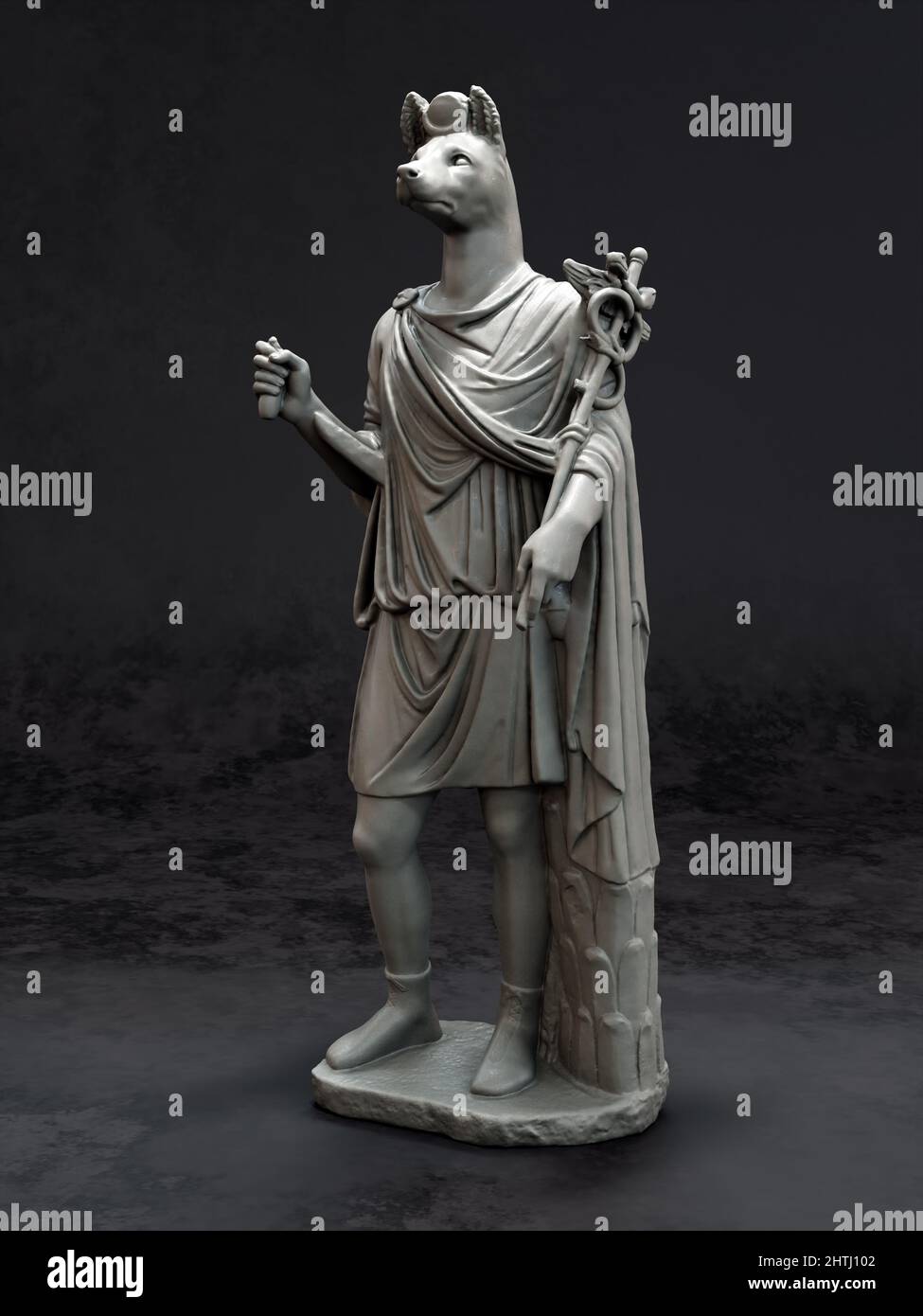 3D Darstellung der Marmorstatue von Hermanubis auf dunkelgrauem Hintergrund Stockfoto