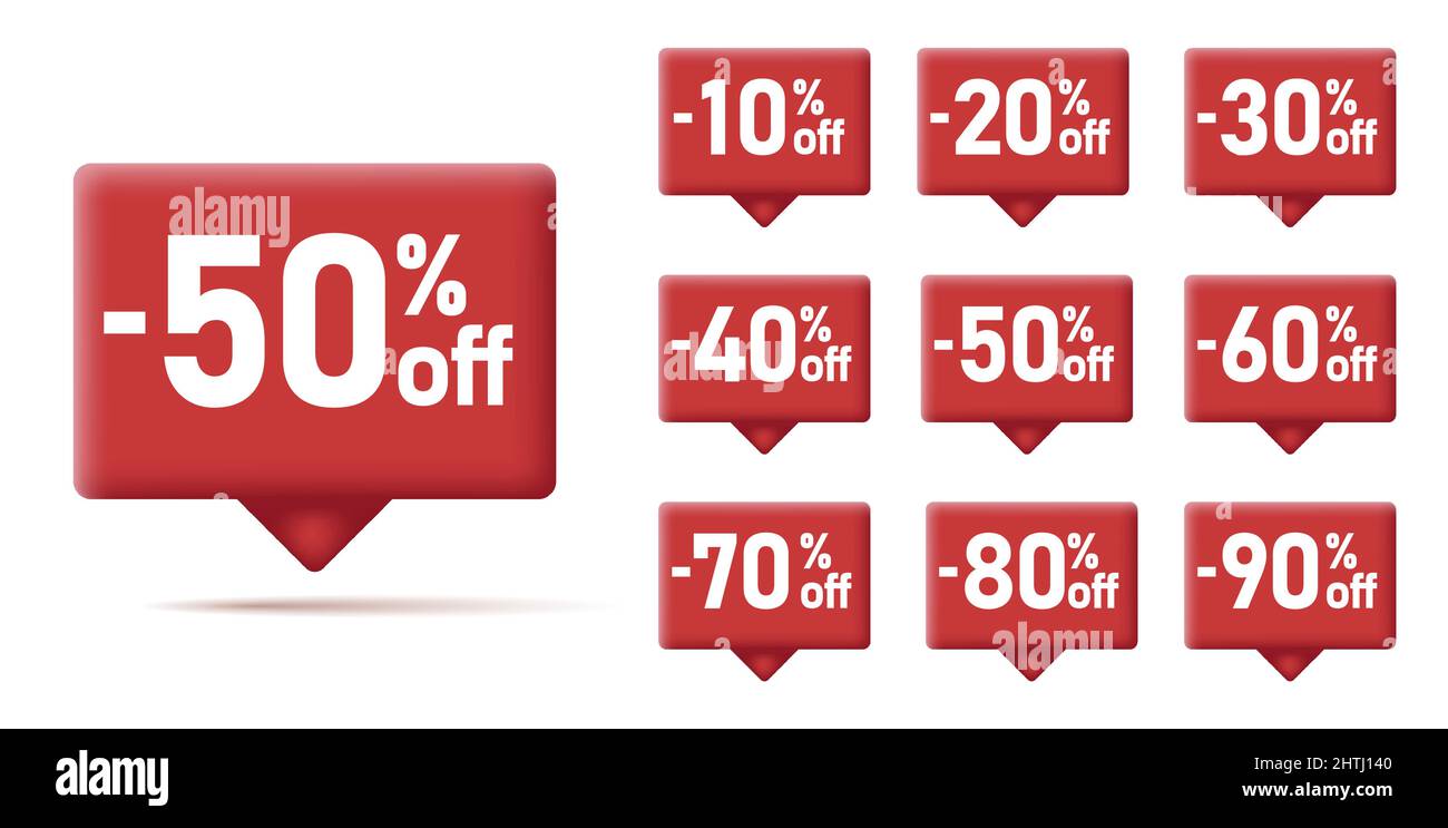Verkauf Tag Sprechblase rot quadratische Form mit verschiedenen Rabatt-Set. 10, 20, 25, 30, 35, 40, 50, 60, 70, 80 und 90, 3D roter Tooltip mit Zeiger, isola Stock Vektor