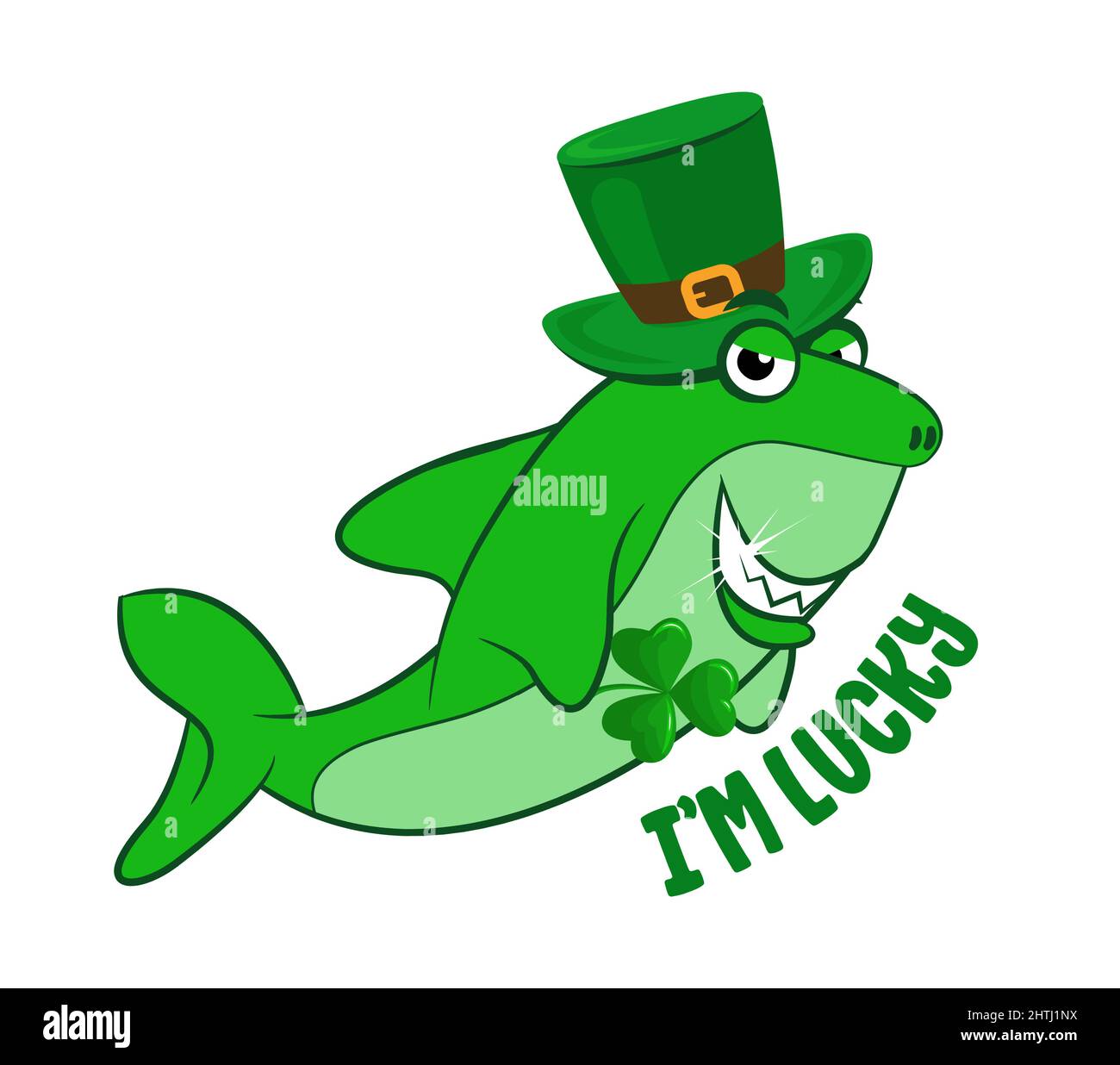 Ich habe Glück - lustige St Patrik's Day Kawaii Charakter-Design mit grünem Hai auf weißem Hintergrund. Gut für Poster, Flyer, T-Shirts, Karten, Einladungen Stock Vektor