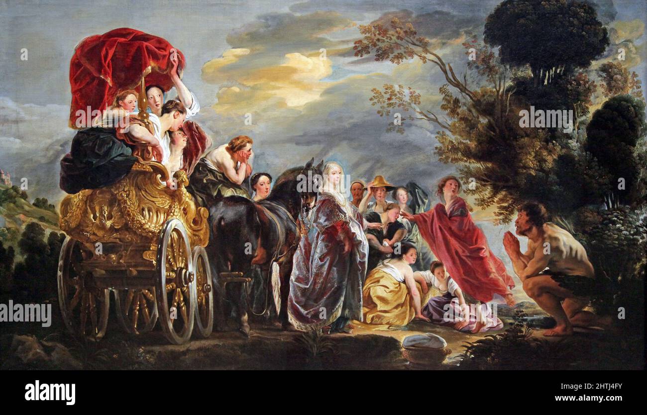 Das Treffen von Odysseus und Nausicaa c. 1640 von Jacob Jordaens 1593-1678. Flämischer Maler, bekannt für historische Gemälde, Genreszenen und Porträts. Führender flämischer Barockmaler nach Peter Paul Rubens und Anthony van Dyck. Stockfoto