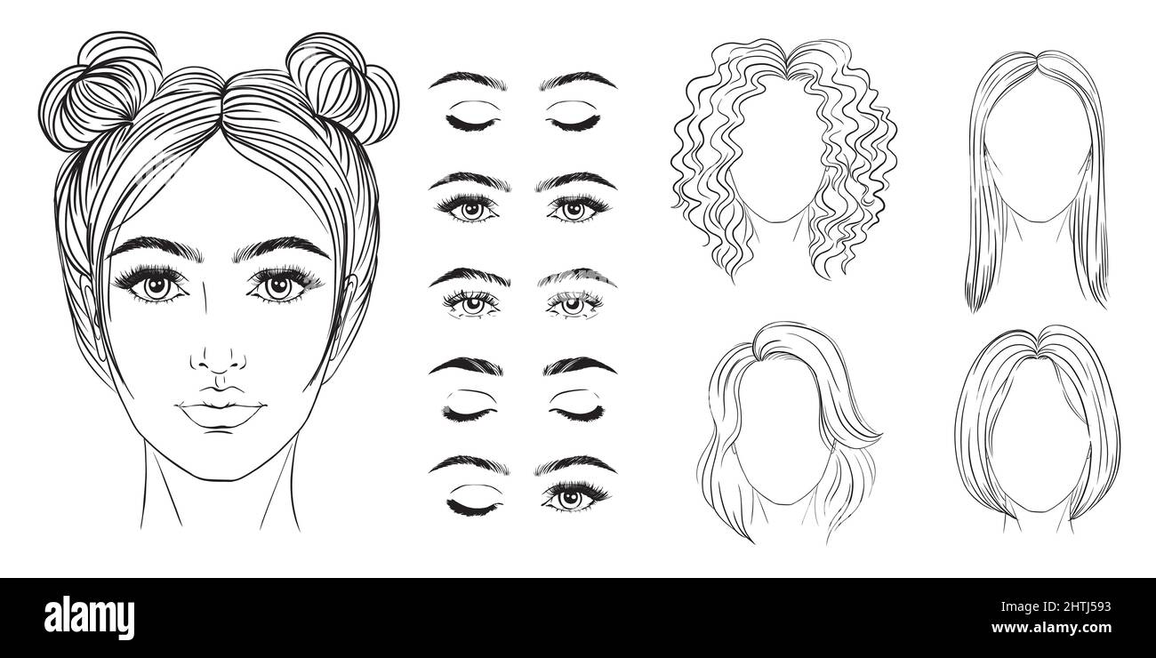 Girl Face Konstruktion, Avatar Erstellung mit verschiedenen Kopfteilen isoliert auf weißem Hintergrund. Vektor Cartoon Satz von jungen Frau Stock Vektor