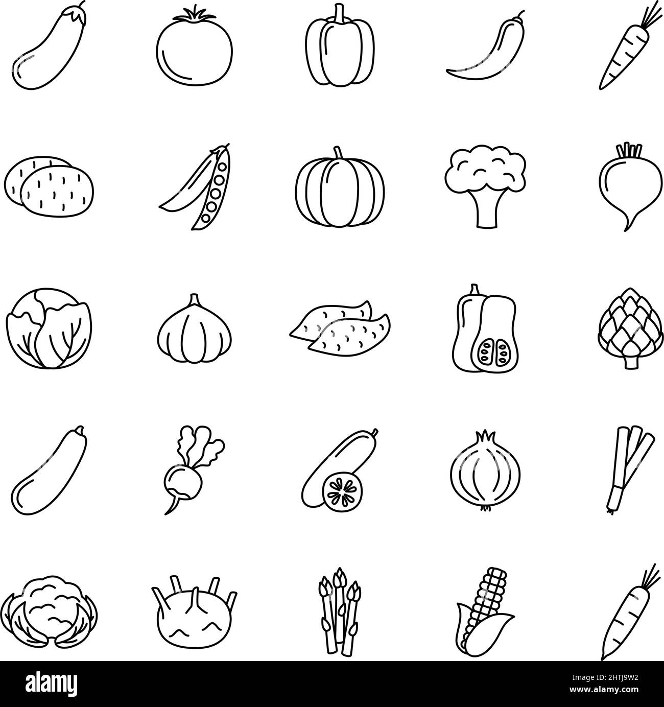 Satz von Linien-Symbolen von Gemüse auf weißem Hintergrund, Vektorgrafik Stock Vektor