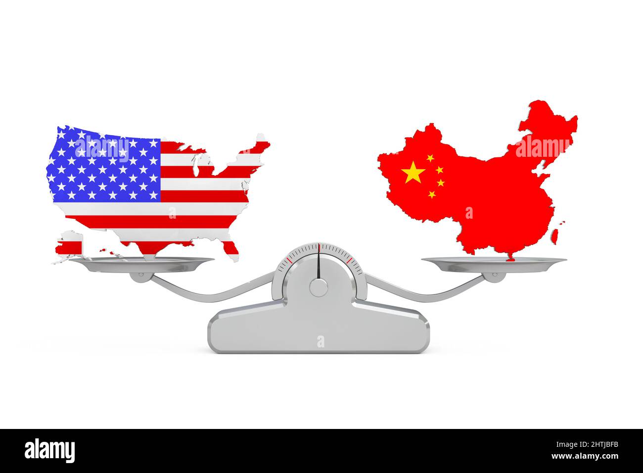 Flaggenkarten der USA und Chinas Ausgleich auf einer einfachen Gewichtsskala auf weißem Hintergrund. 3D Rendering Stockfoto