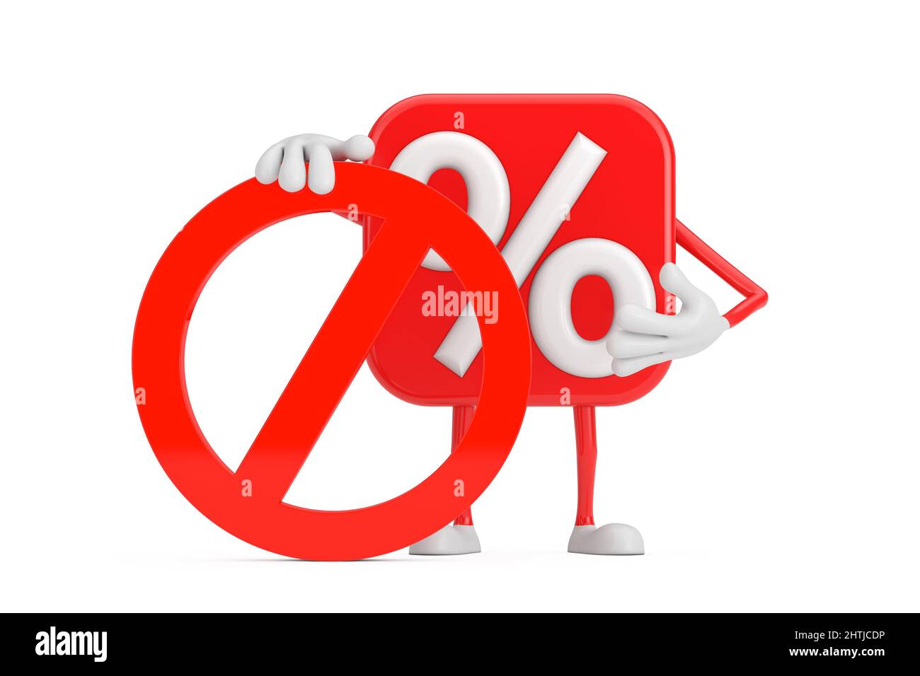 Verkauf oder Rabatt Prozent Zeichen Person Maskottchen mit rotem Verbot oder Verbotene Zeichen auf weißem Hintergrund. 3D Rendering Stockfoto