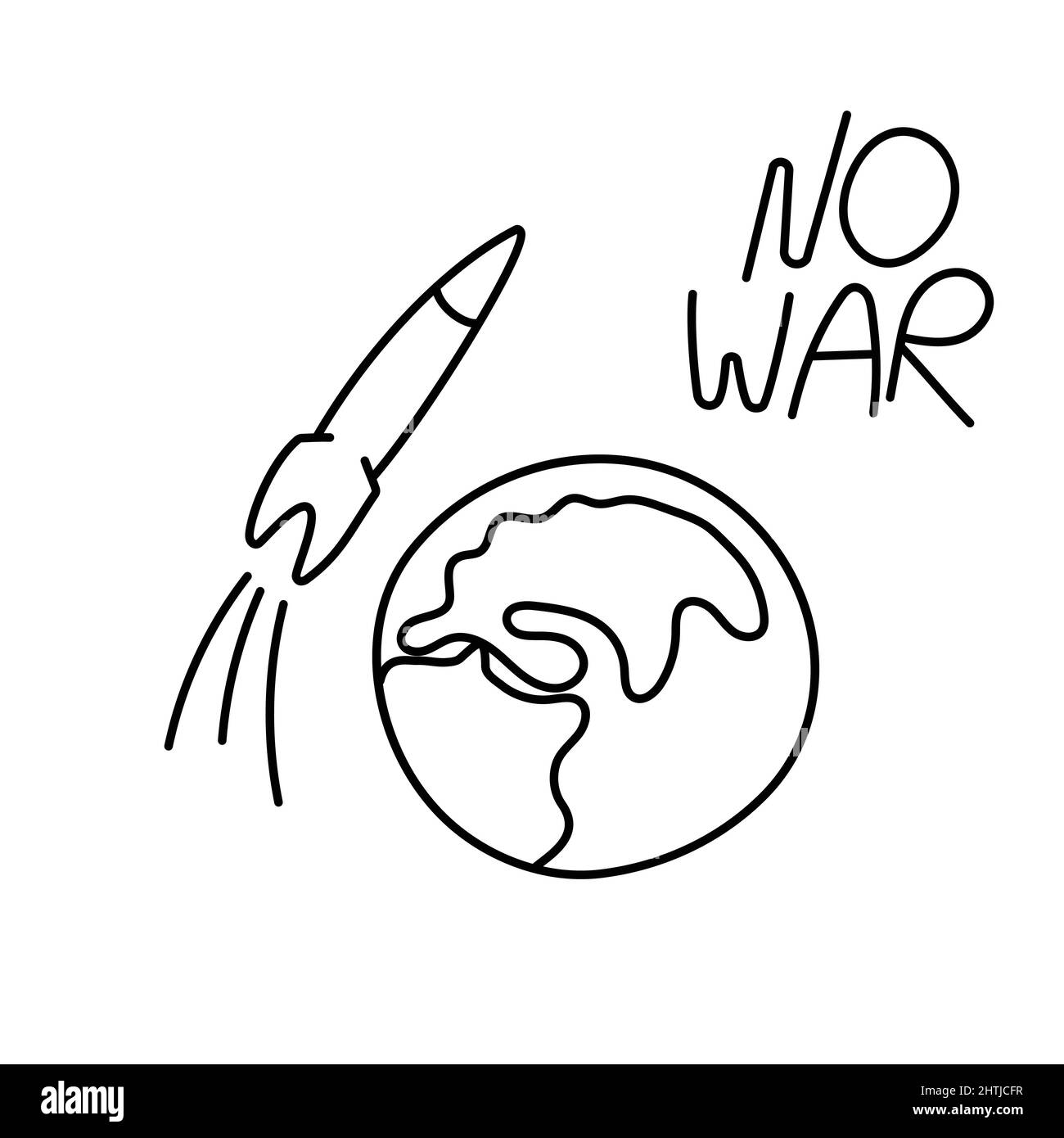 Militärische Rakete fliegt zur Erde. Doodle-Vektor-Umriss-Illustration. Kein Kriegskonzept. Stock Vektor