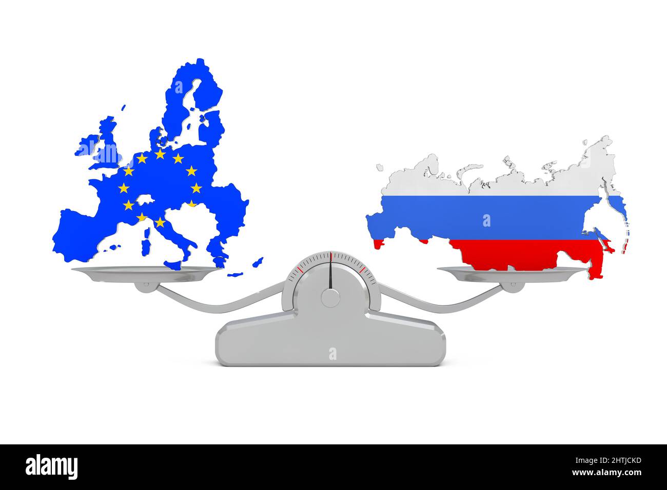 Flaggenkarten der Europäischen Union und Russlands Ausgleich auf einer einfachen Gewichtsskala auf weißem Hintergrund. 3D Rendering Stockfoto