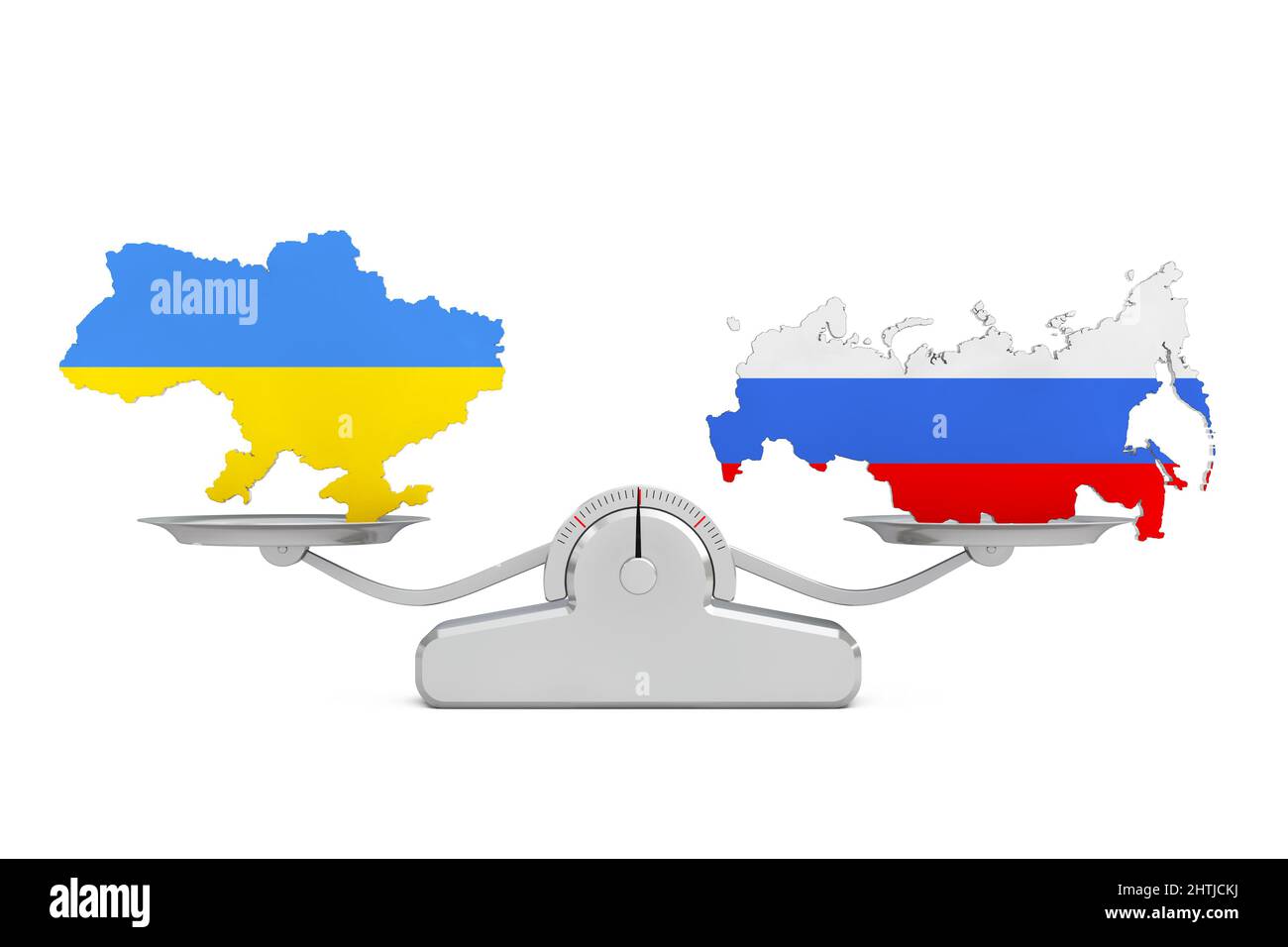 Ukraine und Russland Flaggenkarten Balancing auf einer einfachen Gewichtsskala auf weißem Hintergrund. 3D Rendering Stockfoto