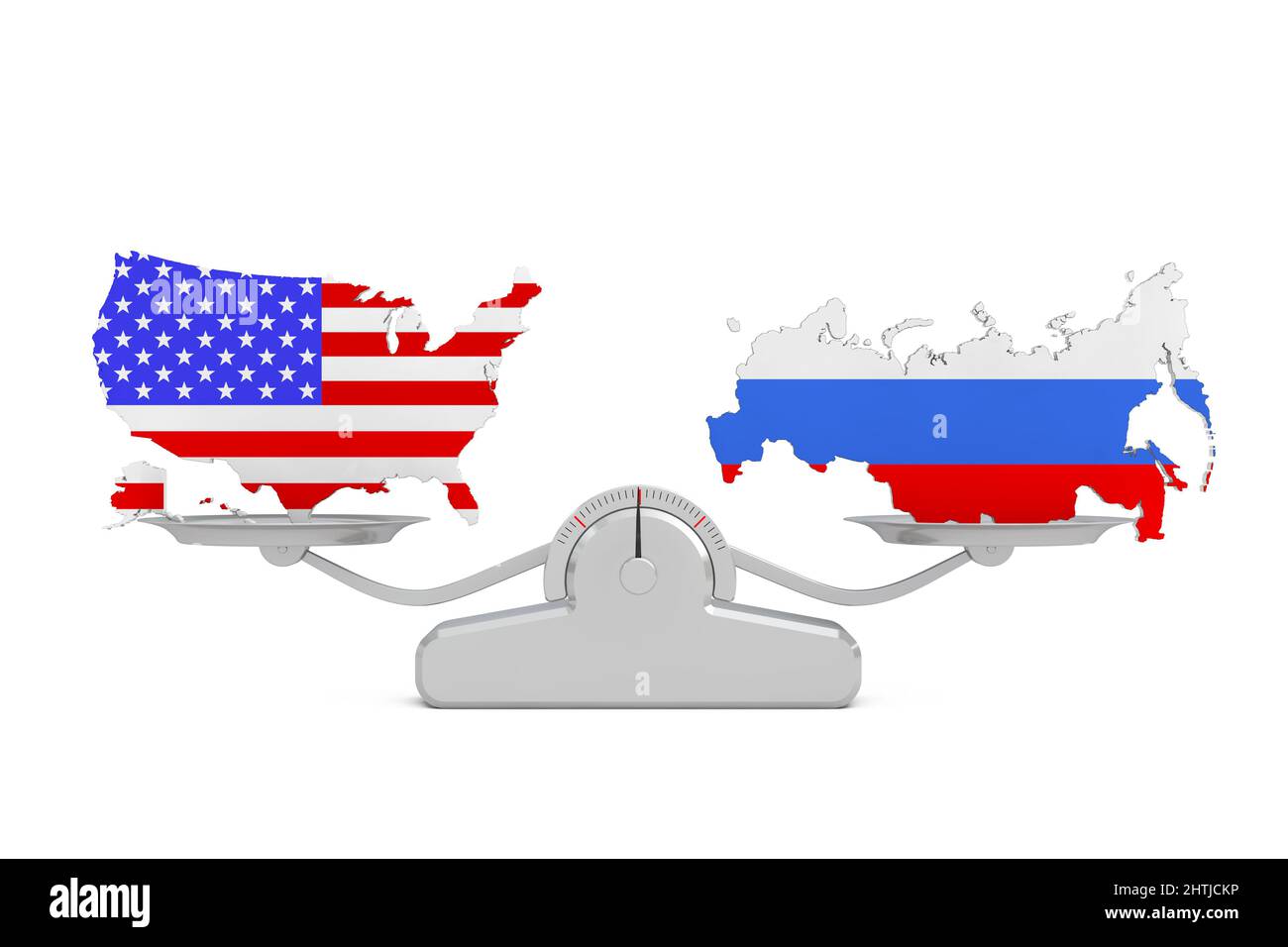 USA und Russische Flaggenkarten Balancing auf einer einfachen Gewichtsskala  auf weißem Hintergrund. 3D Rendering Stockfotografie - Alamy