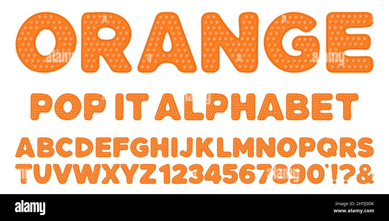 Orangefarbenes popit-Alphabet und Zahlen im Fidget-Spielzeugstil. Pop it Schriftdesign als trendiges Silikonspielzeug für Fidget in knalliger Farbe. Blase sensorisch lett Stock Vektor