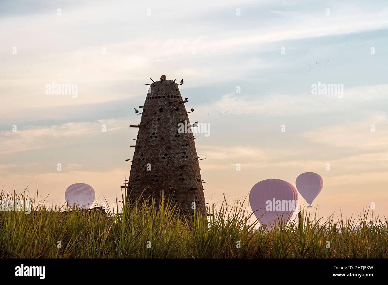 Hoher konischer Nesttaubenturm mit vielen Löchern auf grasbewachsenem Feld mit Luftballons in Ägypten am Sommertag Stockfoto