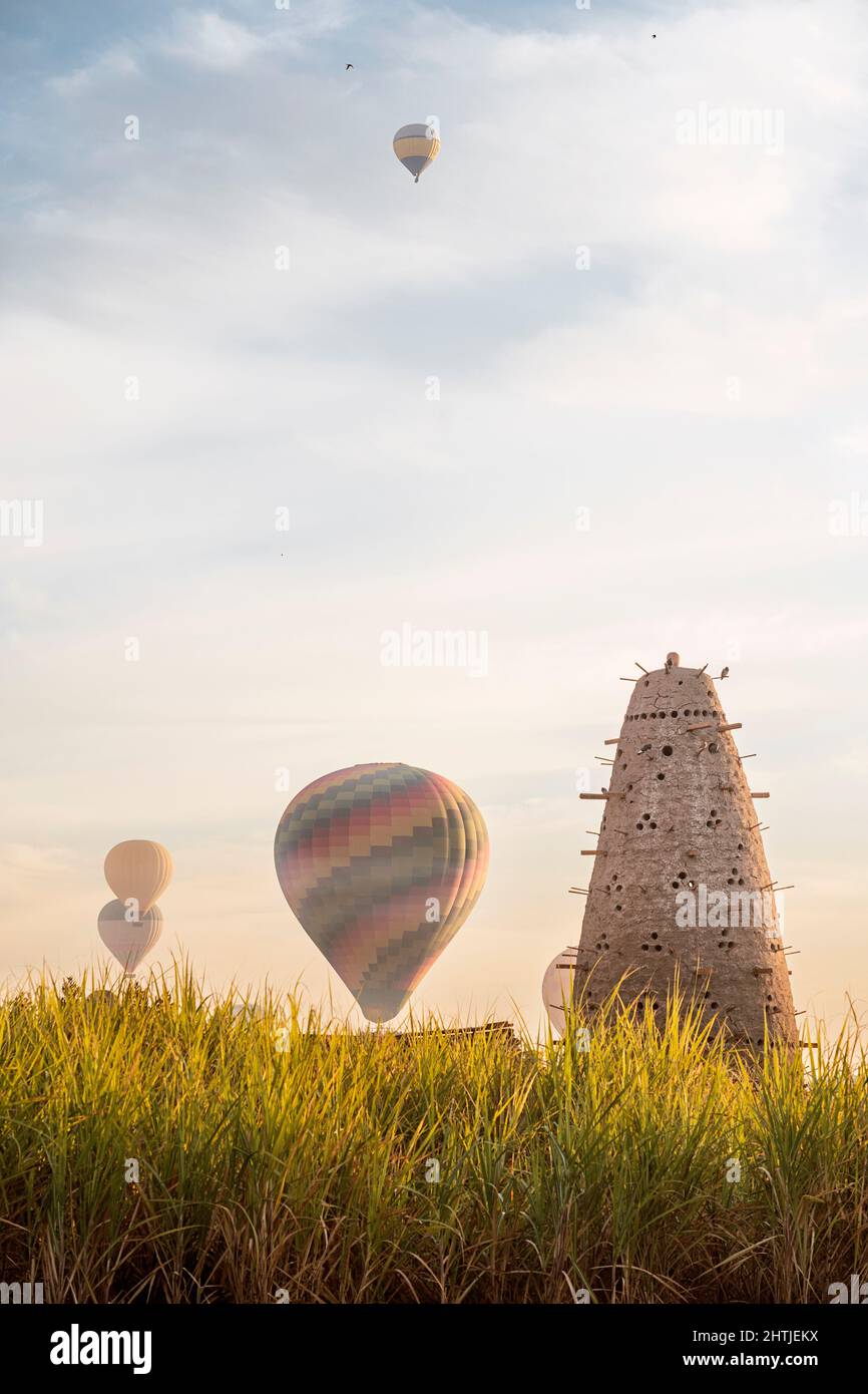 Hoher konischer Nesttaubenturm mit vielen Löchern auf grasbewachsenem Feld mit Luftballons in Ägypten am Sommertag Stockfoto