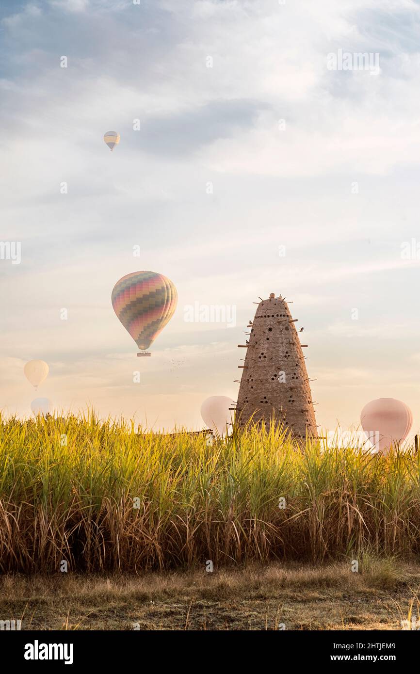 Hoher konischer Nesttaubenturm mit vielen Löchern auf grasbewachsenem Feld mit Luftballons in Ägypten am Sommertag Stockfoto
