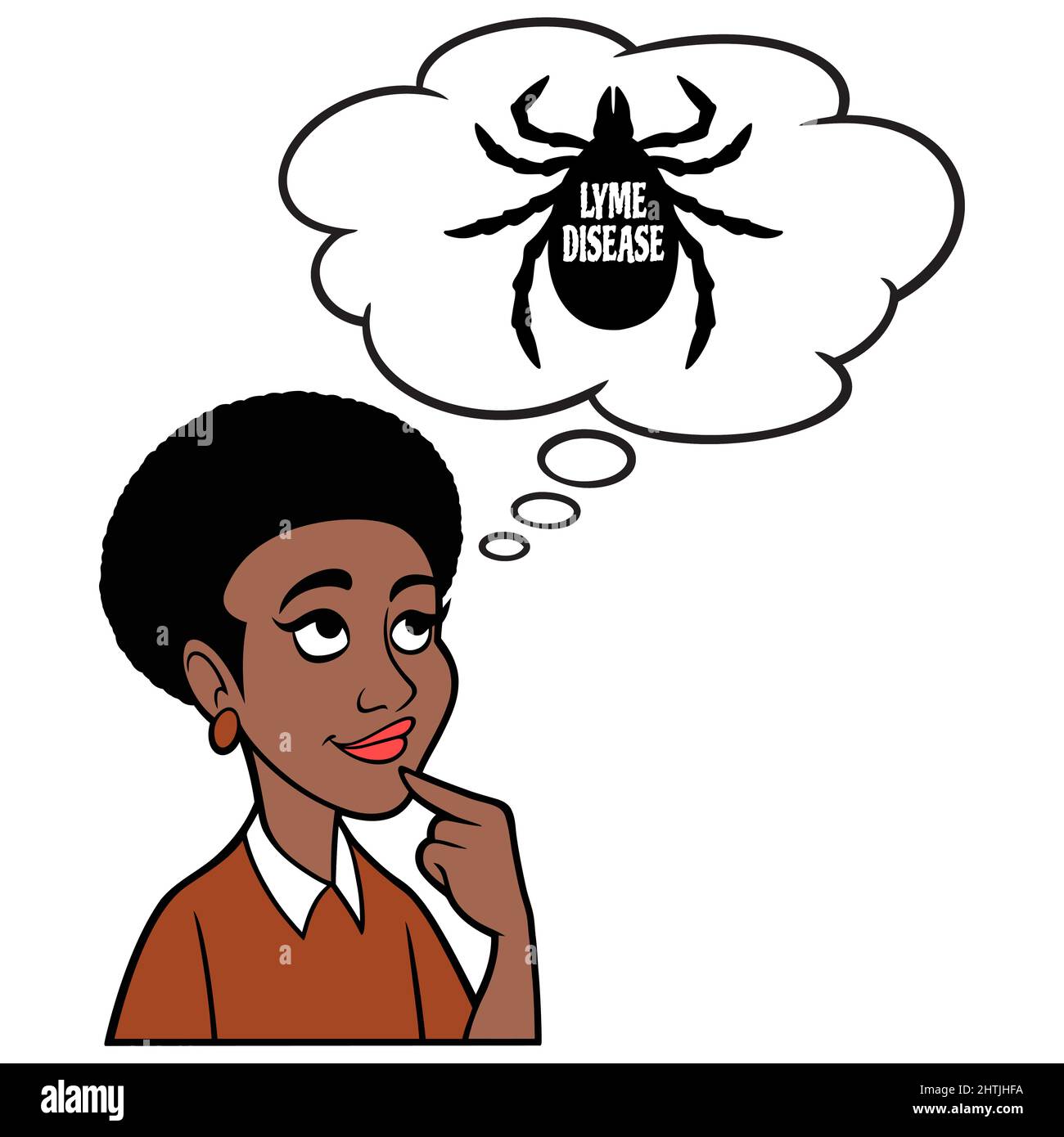 Black Woman denken über Lyme-Borreliose - Eine Karikatur Illustration einer schwarzen Frau denken über Komplikationen der Lyme-Borreliose. Stock Vektor