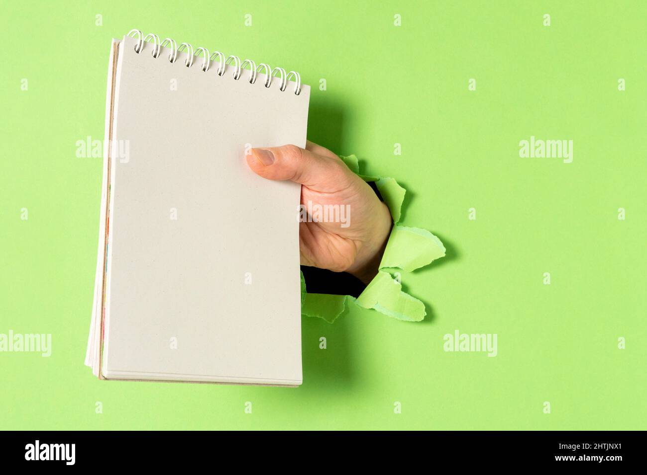 Hand mit Spiralnotizbuch durch Loch in grüner Papierwand. Speicherplatz kopieren. Stockfoto