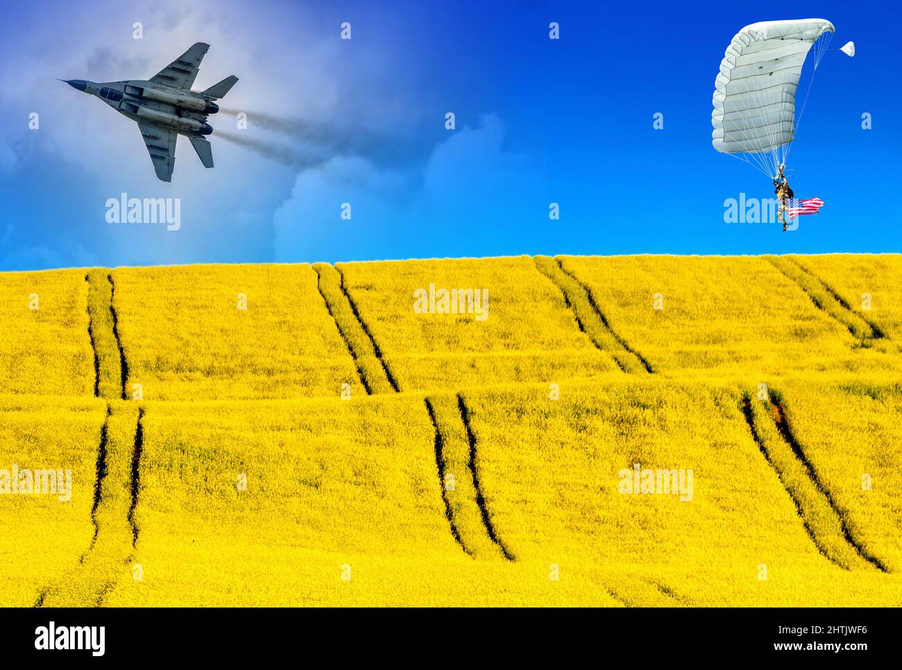 Collage aus dem russischen Luftjäger Mig-29, dem amerikanischen Fallschirmspringer und der ukrainischen Flagge aus blauem Himmel und gelbem Feld. Stockfoto