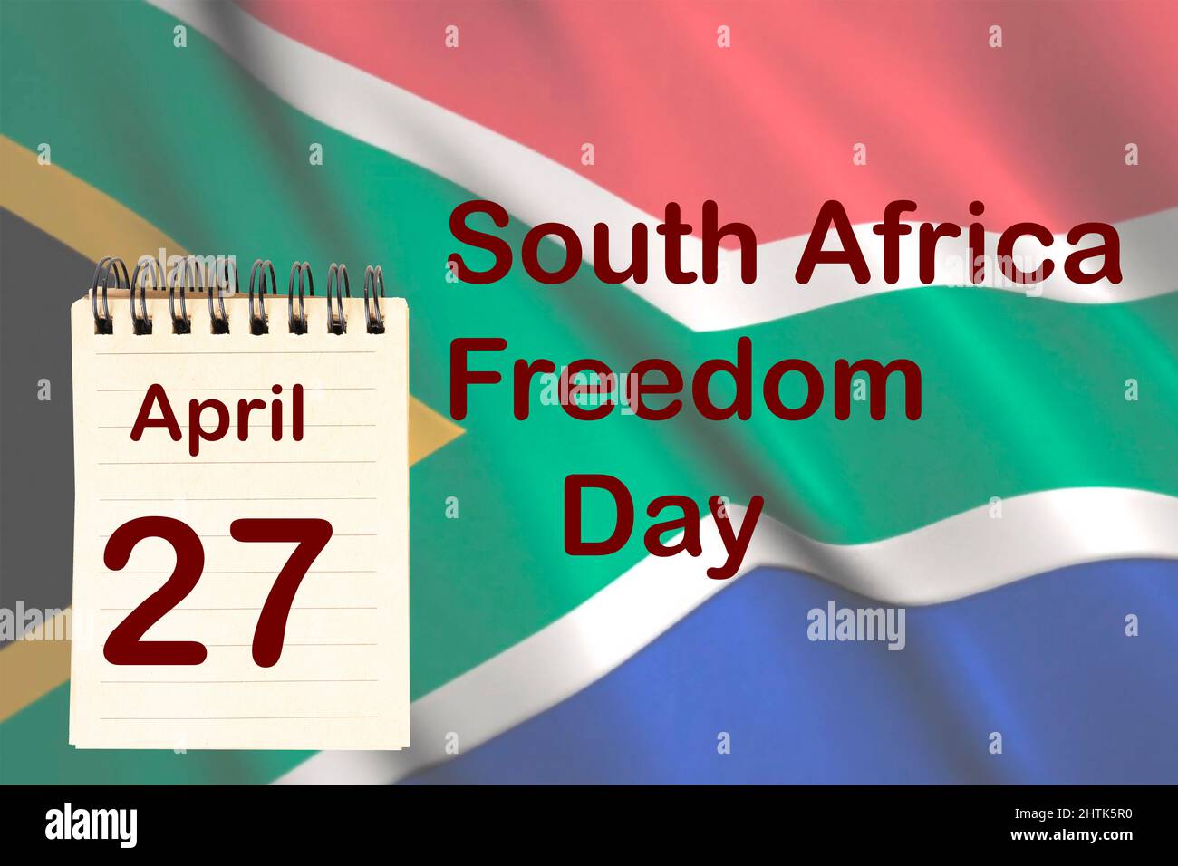 Die Feier des südafrikanischen Freiheitstages mit der Flagge und dem Kalender, der den 27. April anzeigt Stockfoto