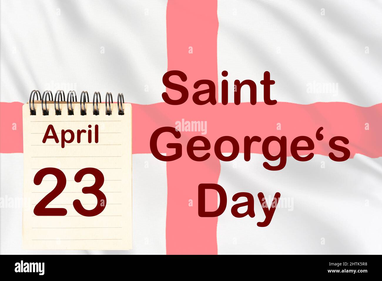 Die Feier des England Saint George Day mit der Flagge und dem Kalender, der den 23. April anzeigt Stockfoto