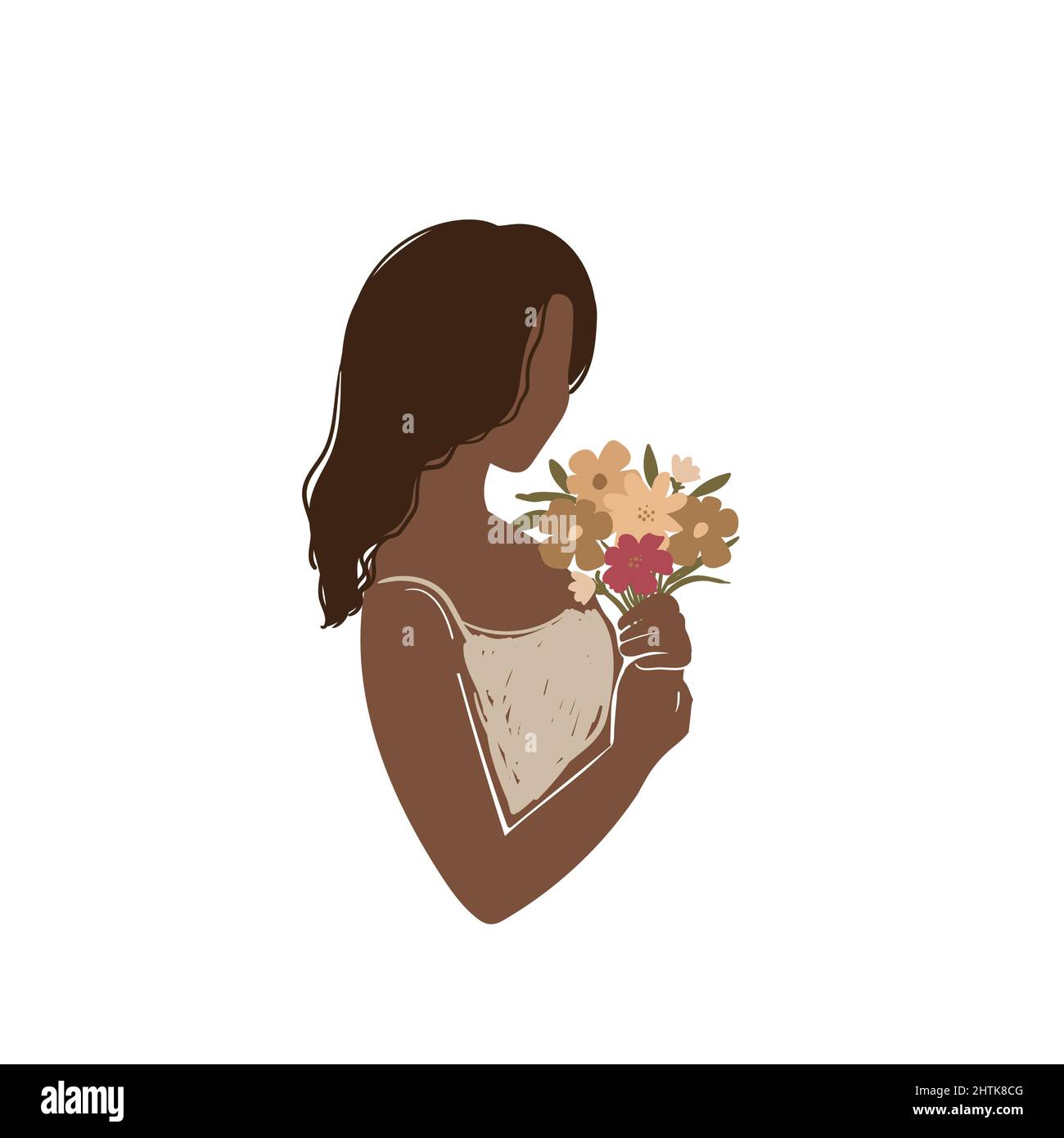Schöne flache junge Frau mit einem Blumenstrauß. Vektordarstellung auf weißem Hintergrund isoliert. Boho-Illustration. Stock Vektor