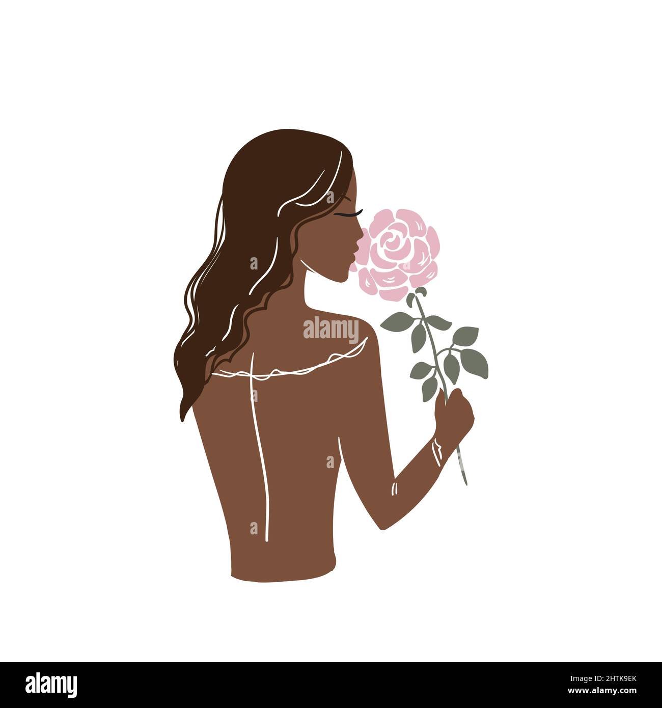 Schöne Frau im Boho-Stil mit einer Rose steht mit ihrem Rücken. Vektordarstellung auf weißem Hintergrund isoliert. Stock Vektor