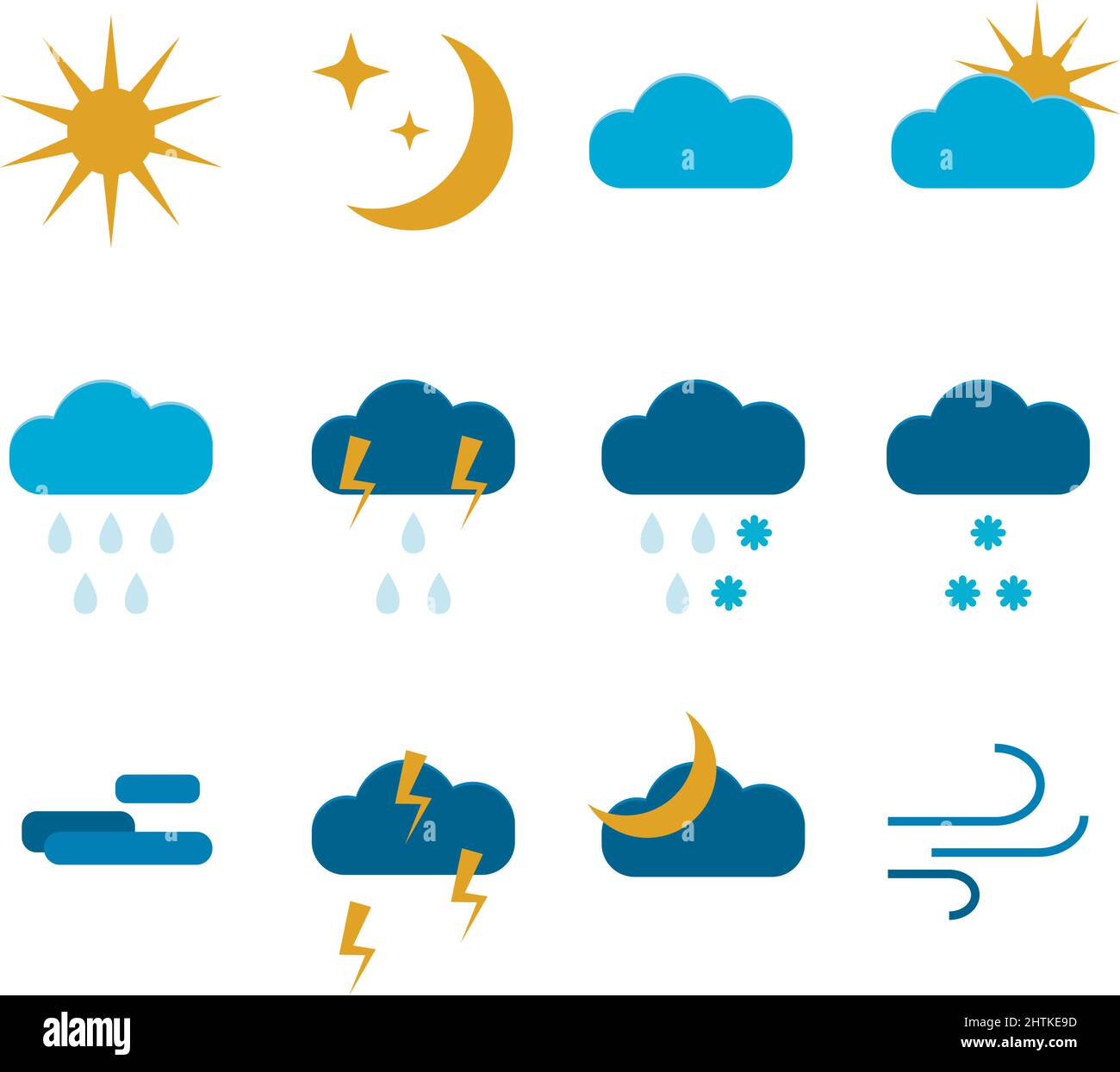 Wettersymbole für die Benutzeroberfläche der Prognoseanwendung eingestellt. Wettervorhersage, schlecht mit Sturm und Regen, schneebedecktes Wetter, sonnig und warm, Illustration Vektor, i Stock Vektor