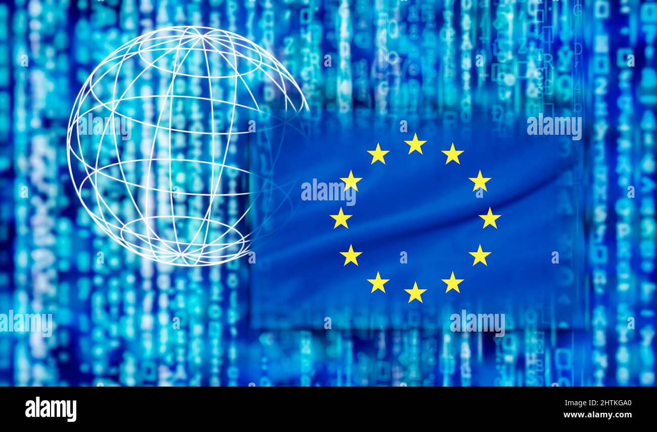 Digital Power Europe mit europäischer Flagge, Matrix und Globus Stockfoto