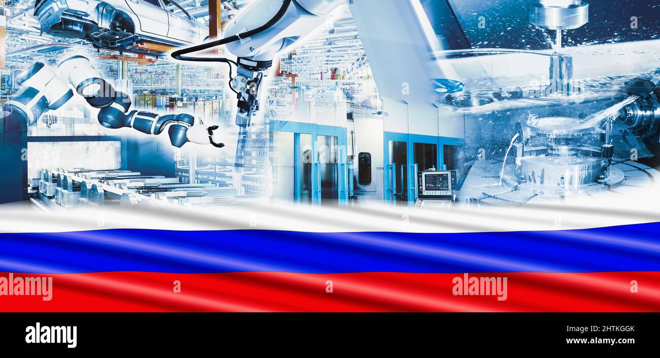 Industrielle Produktion und russische Flagge Stockfoto