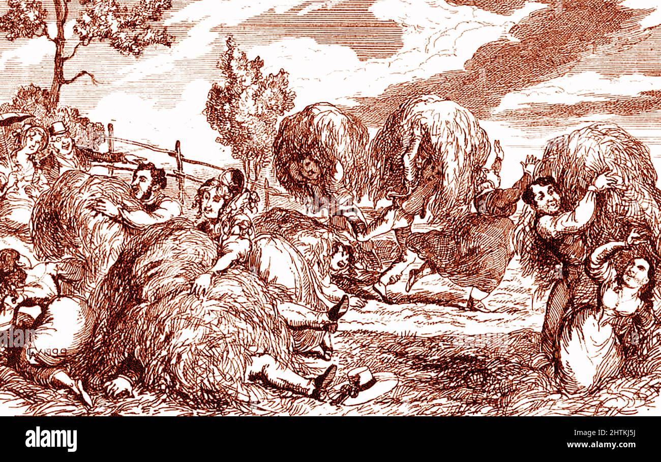 Ein viktorianischer Druck von männlichen und weiblichen Landarbeitern, die Spaß daran haben, sich auf einem Feld in Großbritannien im Stroh zu treffen und sich auf den Bau von Heuhaufen vorzubereiten Stockfoto