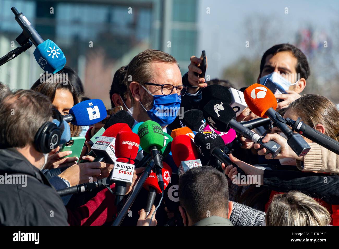 Javier Maroto, Senator von Spanien bei einer Pressekonferenz in Spanien. Spanischer Politiker der Volkspartei, PP. Fotografie. Stockfoto