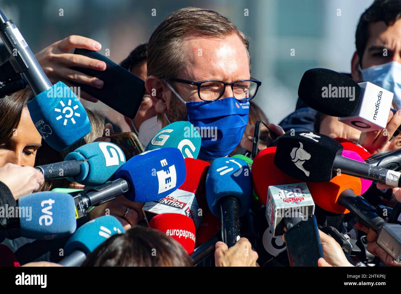 Javier Maroto, Senator von Spanien bei einer Pressekonferenz in Spanien. Spanischer Politiker der Volkspartei, PP. Fotografie. Stockfoto