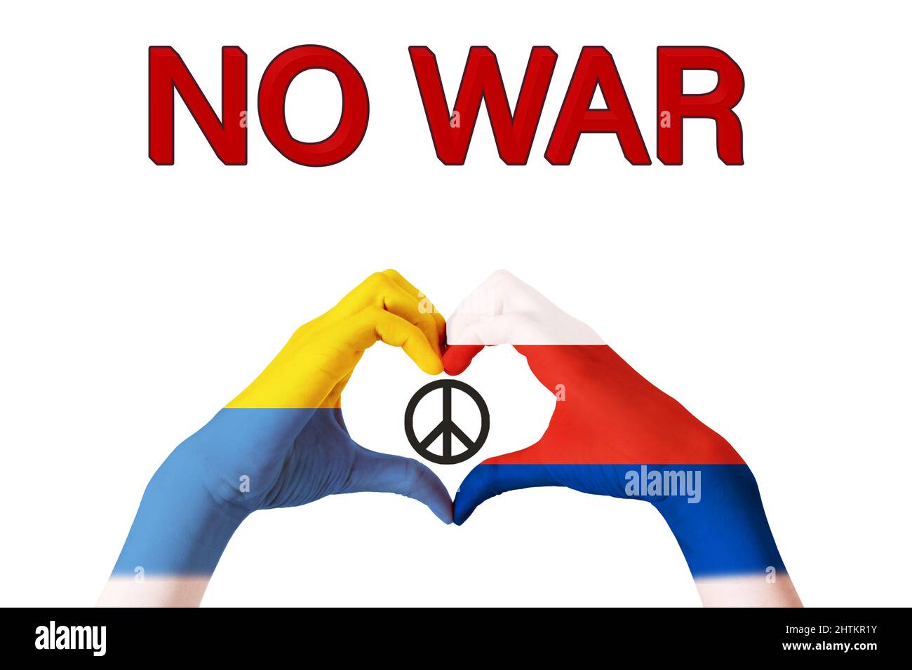 Hände in den Farben der Flaggen Russlands und der Ukraine gemalt, die eine Herzform, ein Symbol des Friedens und den Text NO WAR auf weißem Hintergrund zeigen. Der Stockfoto