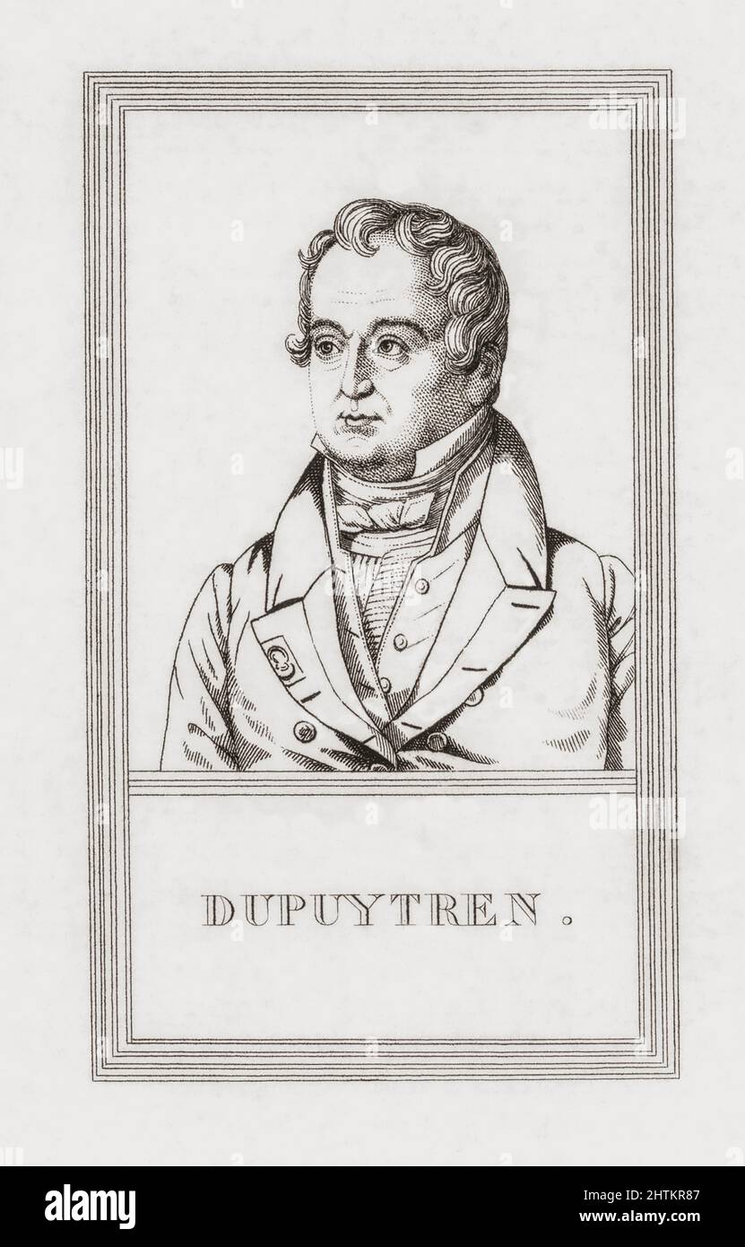 Baron Guillaume Dupuytren, 1777 – 1835. Französischer Chirurg und Anatom. Er war der erste, der die sogenannte Dupuytren-Kontraktur beschrieb, den Zustand, in dem die Finger in gebeugten Positionen dauerhaft verbogen werden. Er hat einen anderen Platz in der Geschichte als Arzt, der die Hämorrhoiden von Napoleon Bonaparte behandelte. Stockfoto