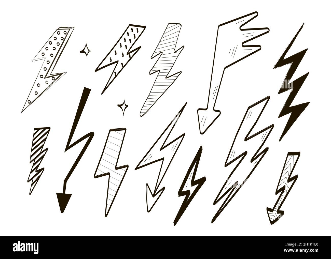 Blitzschlag handgezeichneter Set-Vektor. Doodle Thunder Sign Sammlung. Skizzieren Sie das elektrische schwarze Symbol. Blitzenergie, Warnsymbole, Achtung-Abbildung für Stock Vektor
