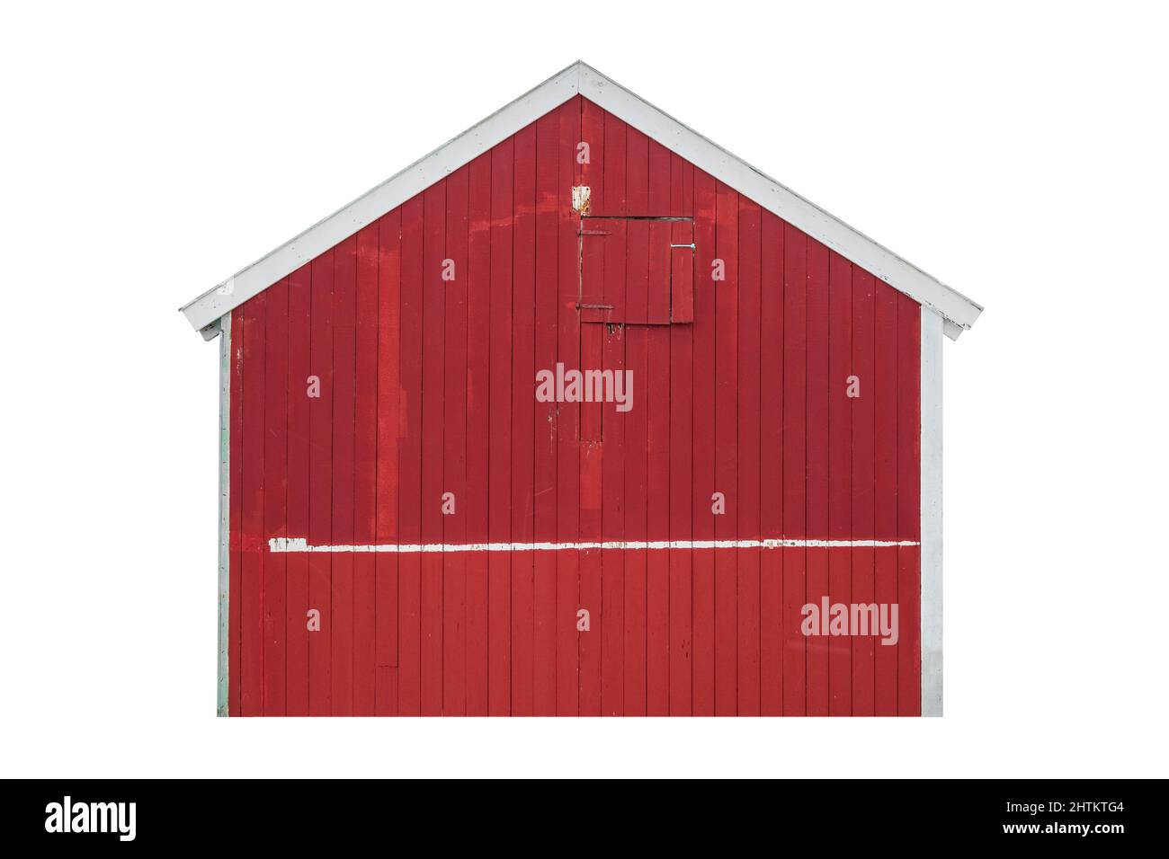 Außenansicht eines alten skandinavischen roten Holzhauses. Isoliert auf weißem Hintergrund Stockfoto