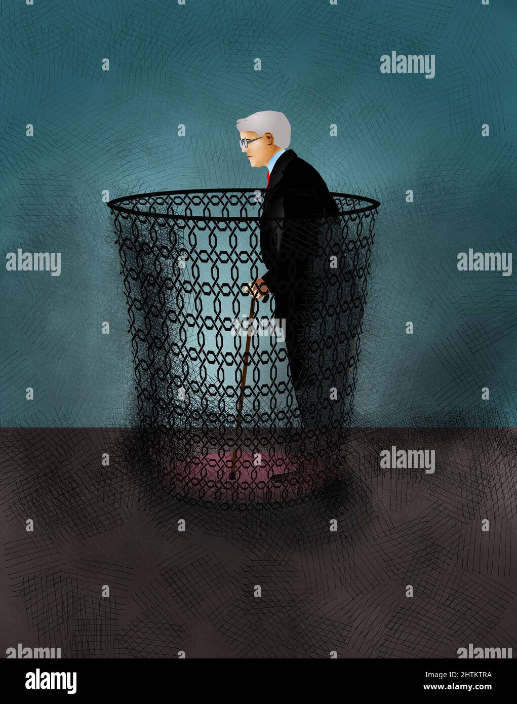 Ein älterer Mann mit grauem Haar und einem Stock ist in einem Abfallkorb in dieser 3-D-Illustration über einen Mangel an Respekt für ältere Arbeitnehmer zu sehen. Stockfoto