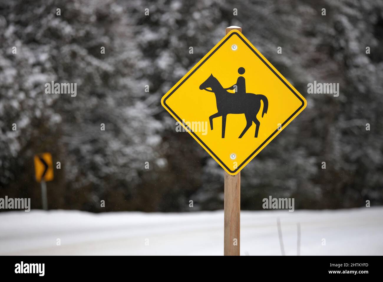 Gelb Vorsicht Reiten Zeichen in einer ländlichen Umgebung im Winter Stockfoto