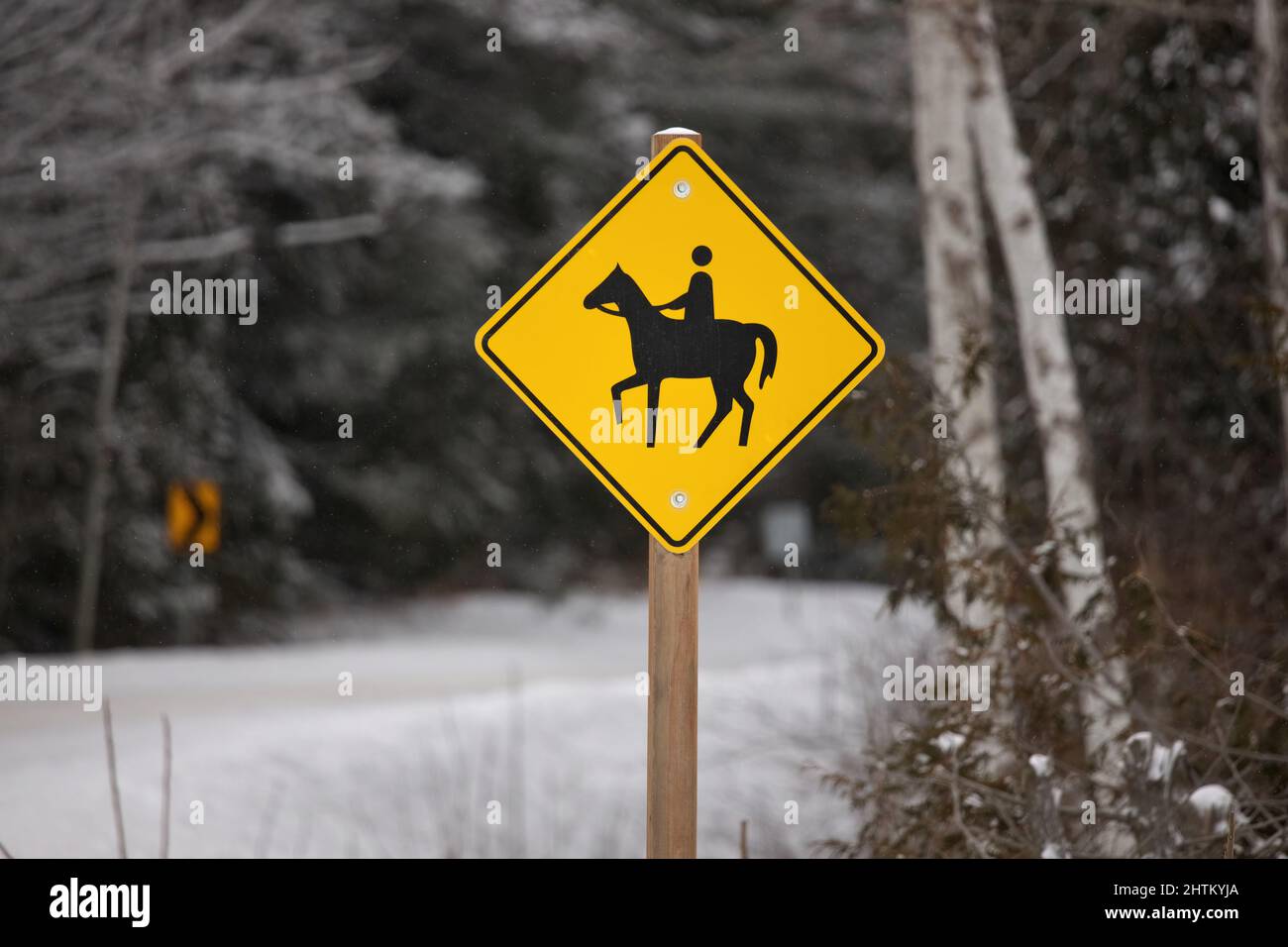 Gelb Vorsicht Reiten Zeichen in einer ländlichen Umgebung im Winter Stockfoto