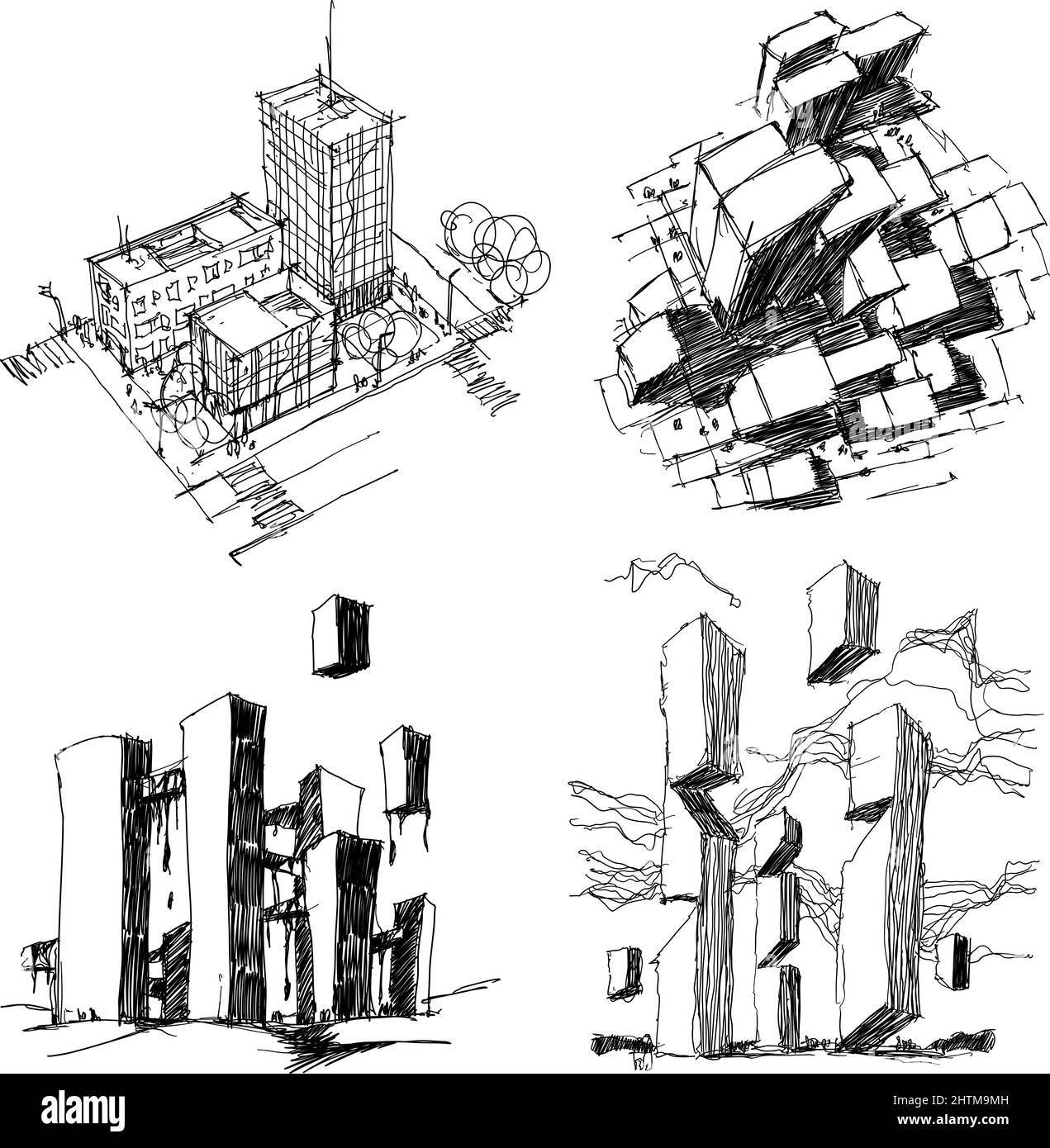 Vier handgezeichnete Architekturskizzen einer modernen abstrakten Architektur Und generische Stadt Urbanismus Struktur und fantastische Gebäude Stockfoto