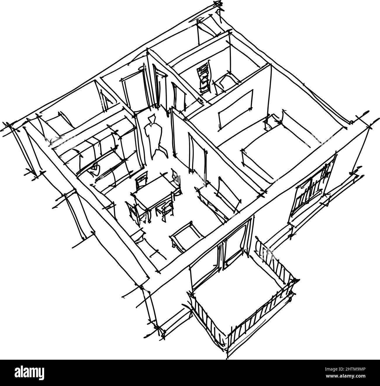 , Handgezeichnete Skizze der Perspektive weggeschnitten Diagramm einer Wohnung mit einem Schlafzimmer komplett eingerichtet Stockfoto
