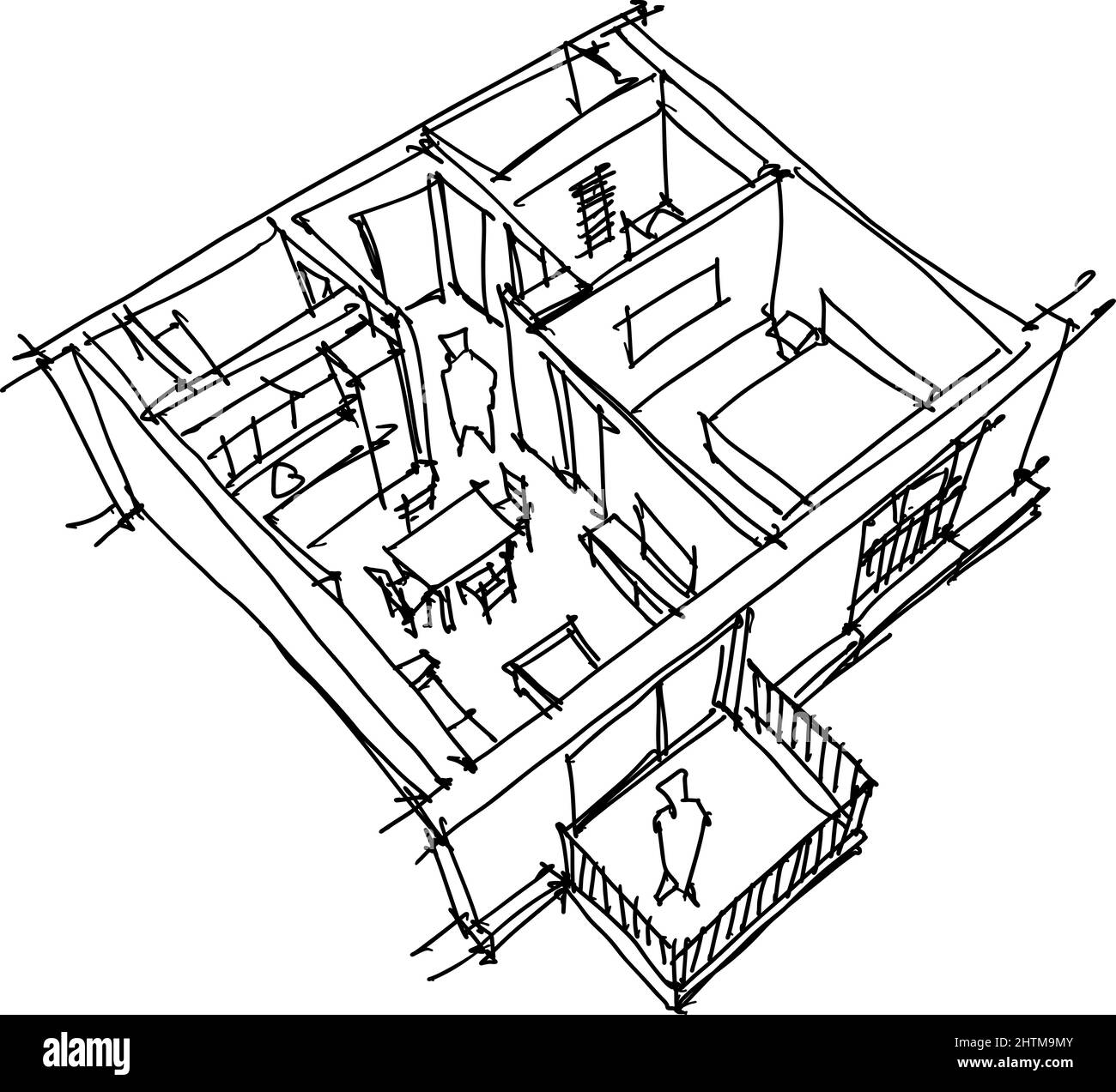 Hand gezeichnete Skizze von Perspektive und schneiden Sie den Schaltplan für ein Apartment mit einem Schlafzimmer komplett eingerichtete Stockfoto