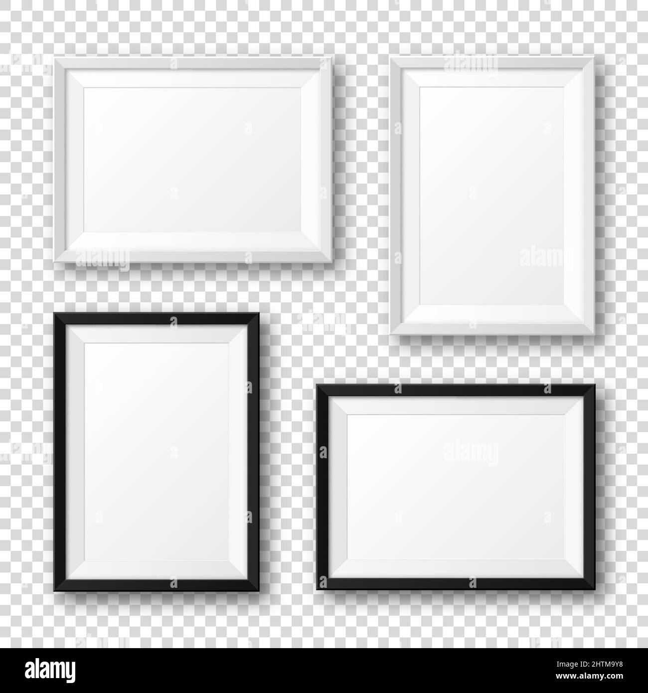 Realistische Schwarz-Weiß-Bilderrahmen mit Schatten auf kariertem Hintergrund. Leeres Poster-Mockup. Leerer Fotorahmen. Vektorgrafik. Stock Vektor