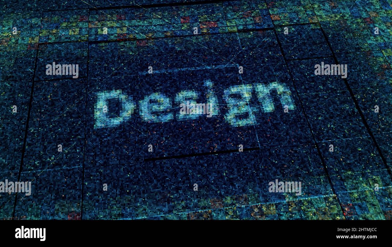 Technologischer Hintergrund mit einer Leiterplatte und einem Wortdesign. Animation. Elektrische Impulse, die sich aus dem Text in der Mitte eines Bildschirms ausbreiten Stockfoto