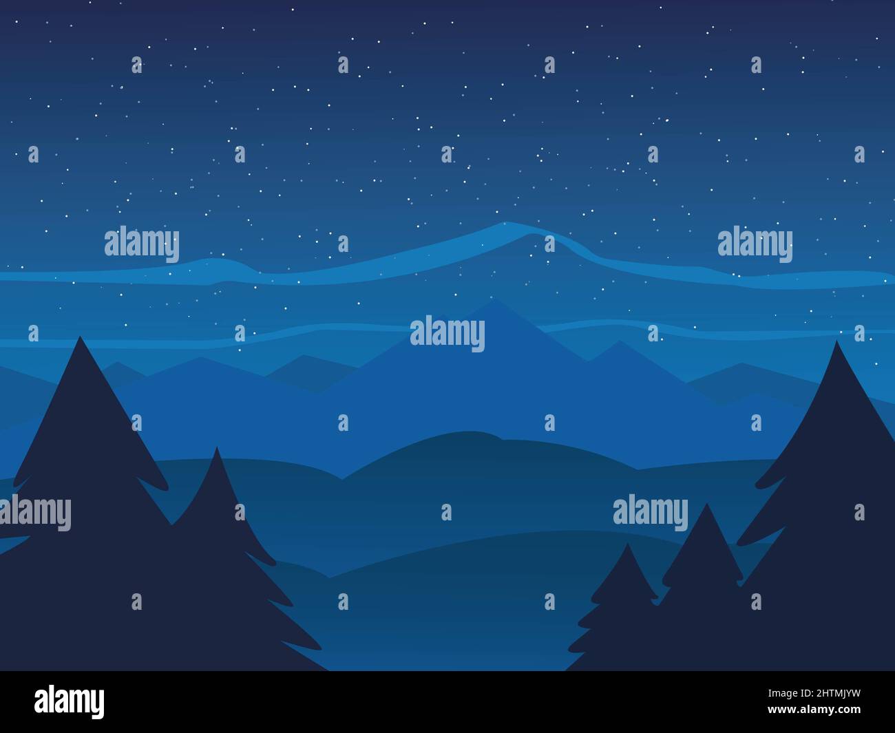 Illustration der Berglandschaft in der Nacht und einige Bäume in der Nacht Stockfoto