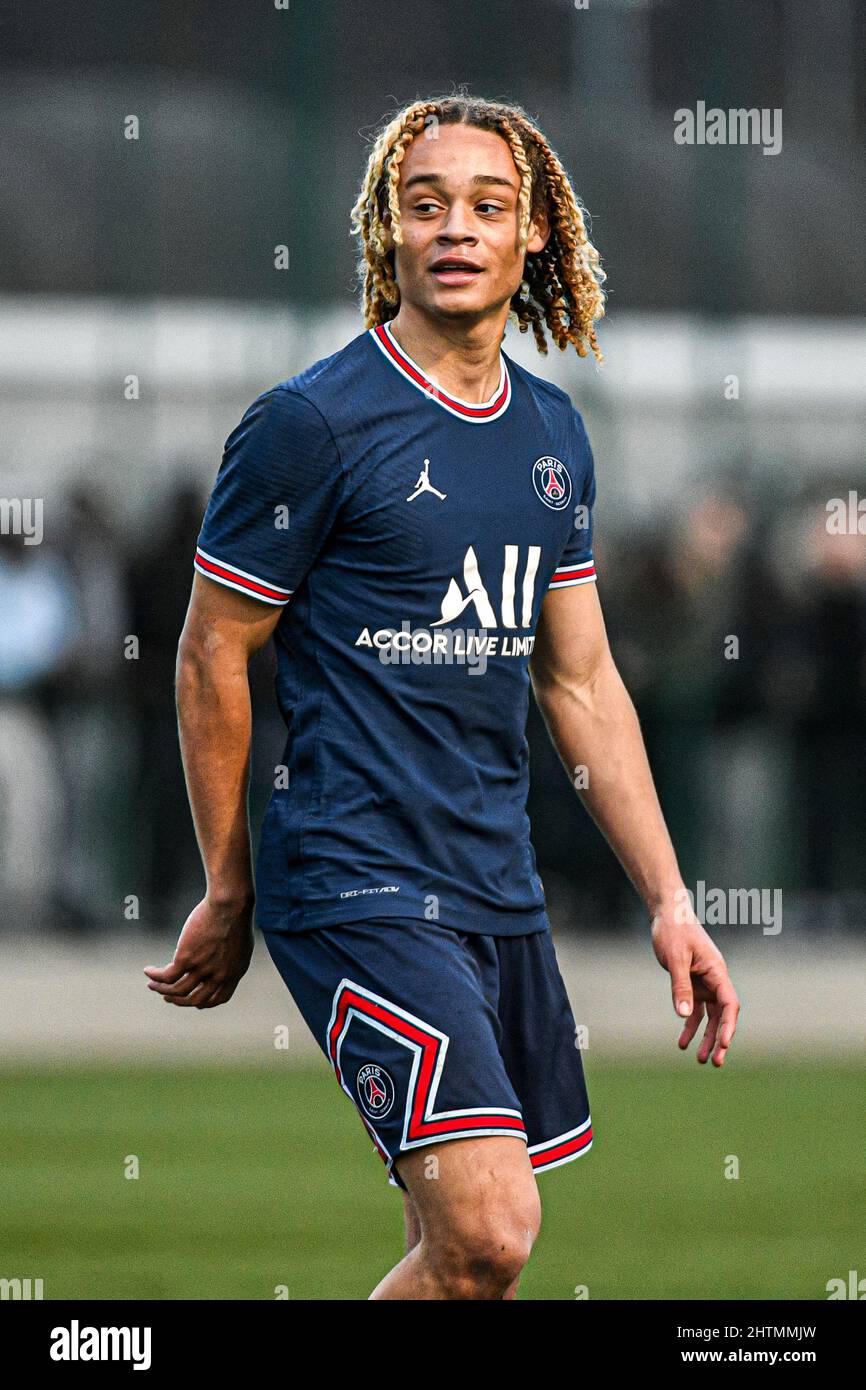 Saint-Germain-en-Laye, Frankreich, 1. März 2022, Xavi Simons von PSG während der UEFA Youth League (U19), einer Runde von 16 Fußballspielen zwischen Paris Saint-Germain (PSG) und Sevilla FC (Juvenil A) am 1. März 2022 im Georges Lefevre Stadion in Saint-Germain-en-Laye, Frankreich. Stockfoto